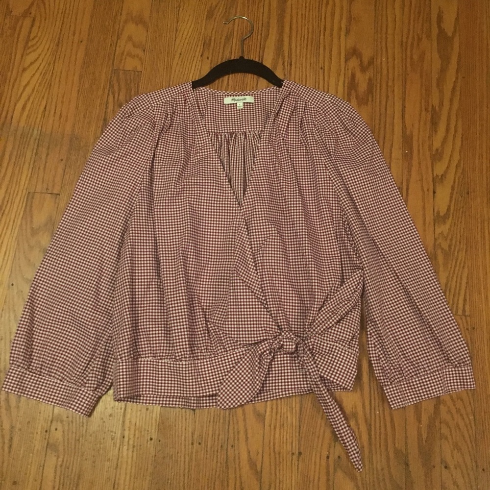 Madewell wrap top in gingham rusty burgundy